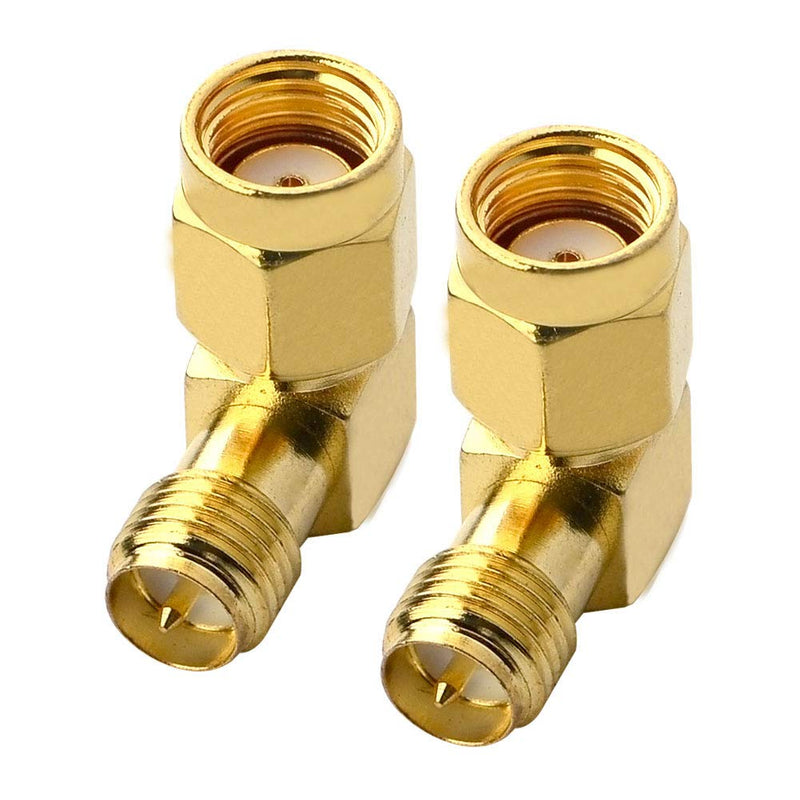 BOOBRIE 90 Degree Reverse Polarity SMA Coax Adapter RP SMA Male (Hole) to RP SMA Female (Pin) Right Angle Connector RP-SMA to RP-SMA Adapter for Audio FPV Drone Antennas Radio Video Mobile Pack of 2