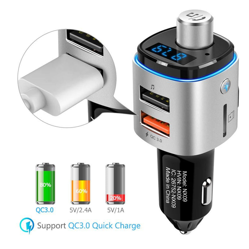 Nulaxy Bluetooth FM Transmitter for Car, 7 Color LED Backlit Bluetooth Car Adapter with QC3.0 Charging, Support Siri Google Assistant, USB Flash Drive, microSD Card, Handsfree Car Kit (A- Silver) A- Silver
