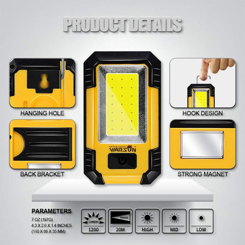 WARSUN Led Work Lights Rechargeable Magnetic Portable Work Light 30w 1200 Lumens for Camping Car Repairing (Yellow+Yellow) Yellow+Yellow