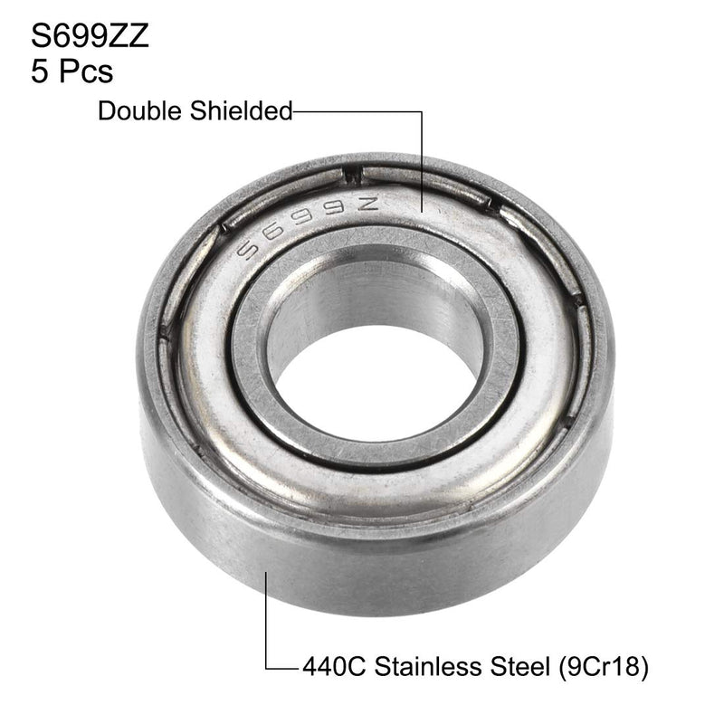 uxcell S699ZZ Stainless Steel Ball Bearing 9x20x6mm Double Metal Shielded S682 Bearings 5pcs