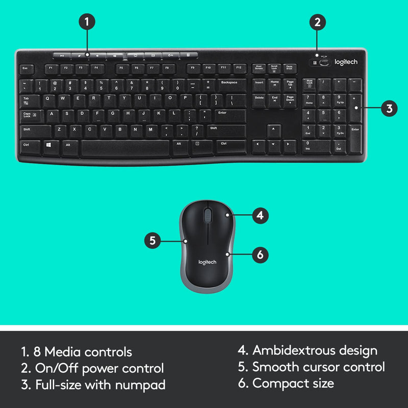 Logitech MK270 Wireless Keyboard and Mouse Combo for Windows, 2.4 GHz Wireless, Compact Mouse, 8 Multimedia and Shortcut Keys, 2-Year Battery Life, for PC, Laptop