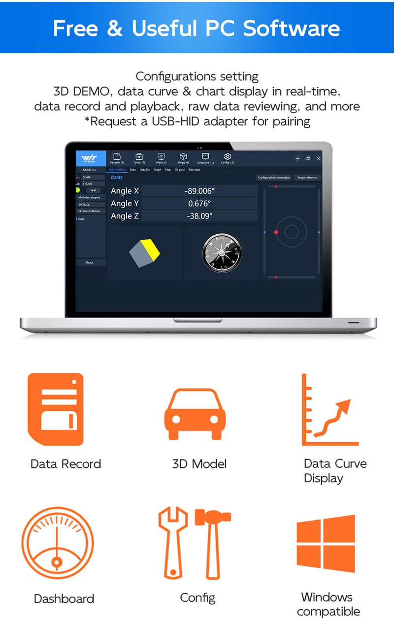 [Bluetooth Accelerometer + Inclinometer] BWT61CL MPU6050 High-precision 6-axis gyroscope + angle (XY 0.05° accuracy) + acceleration with Kalman filter, 100 Hz Highly stable 6DOF data logger