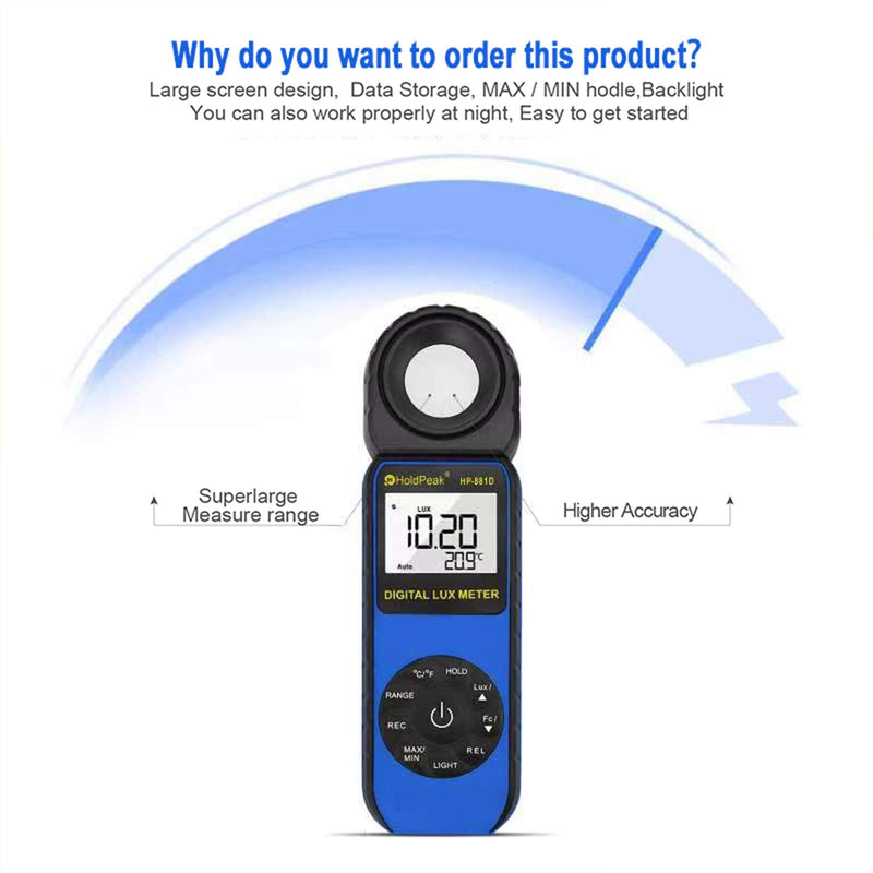Light Meter HOLDPEAK HP-881D Digital Photographic Light Meters 0.01-400,000 Lux /1-40,000 FC 270° Rotatable Detector for Photography LED Lights Plants Lumen Meter Z-HP-881D-BLUE(0.01-400,000 Lux /1-40,000 FC)