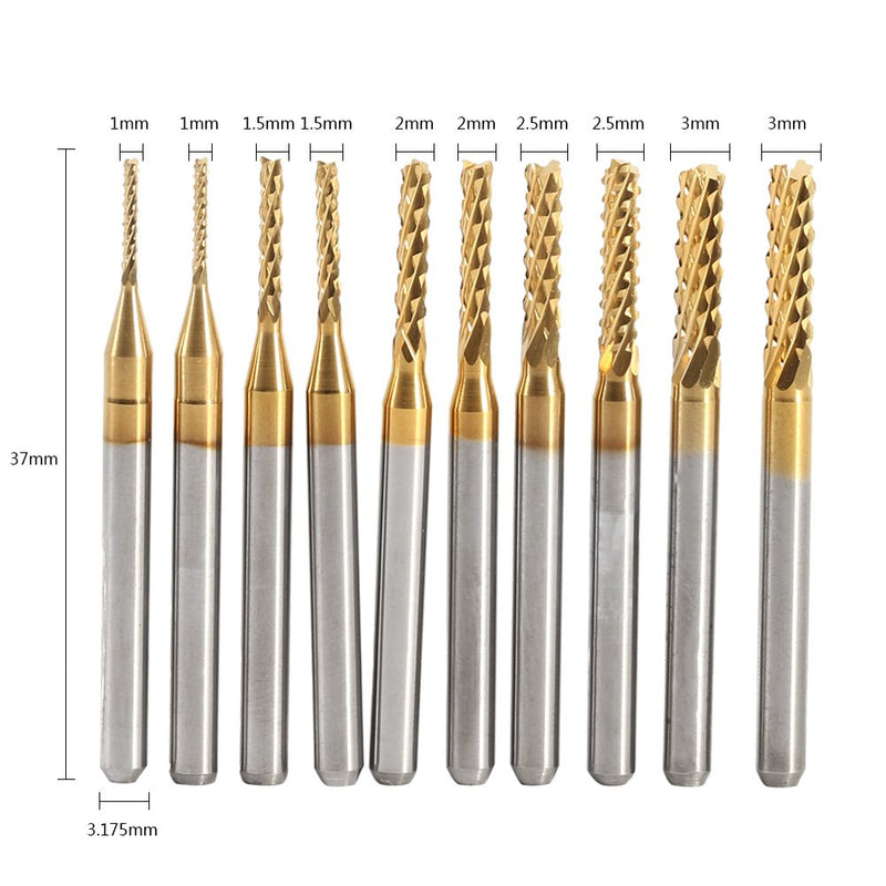 10 pcs End Mill Titanium Coated Milling Cutter Set Carbide CNC Milling Cutter Engraving Bits Carving Drill Tools 1.0-3.0mm 1.0-3.0mm