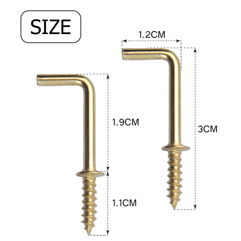 Metal Screw in Hooks, 100pcs 3/4 Inch Right Angle Screw Hooks Square Bend Hooks Self-Tapping Scew Hook for Hanging, Gold