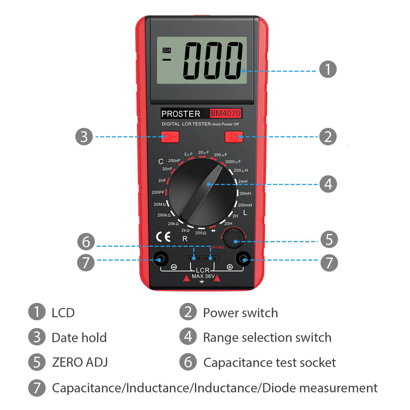 Proster LCR Meter Capacitance Inductance Resistance Tester Multimeter Self-Discharge with Overrange Display Red