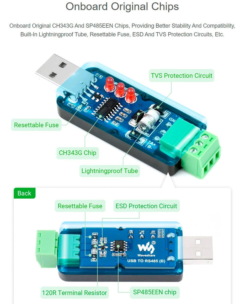 Industrial USB to RS485 Bidirectional Converter Onboard CH343G Chip, Multi-Protection Circuits 300bps-3Mbps Baudrate Support Linux,Android,Wince,Win10/8.1/8/7/XP, Up to 1.2km Transmission Distance