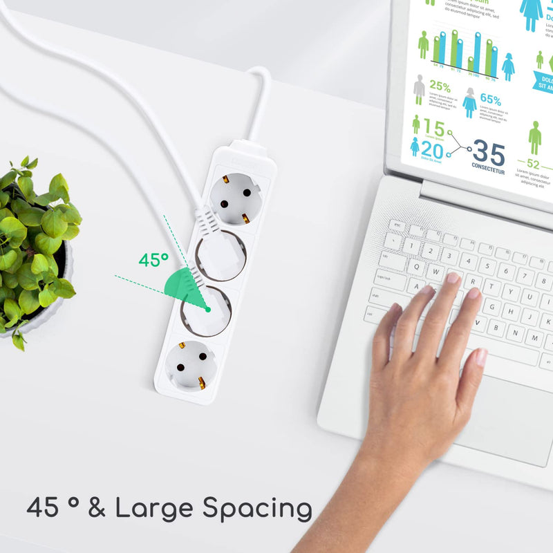 Aigostar power strip 4-way table socket child safety lock 1'5m cable, white