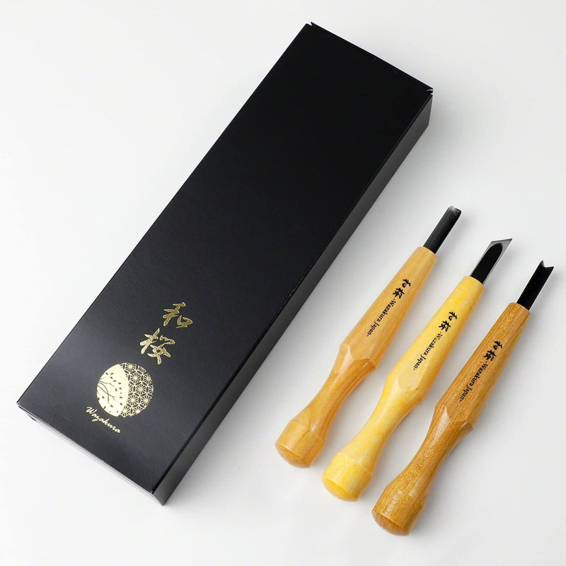 Wazakura 3PCS Bonsai Chisel Kit with Round Gouge, Single Bevel Skewed and V-Parting Tool, Hand Carving Tool Set for Jin Shari Making, Woodworking Knife Pack (3PCS Bonsai Chisel Kit)