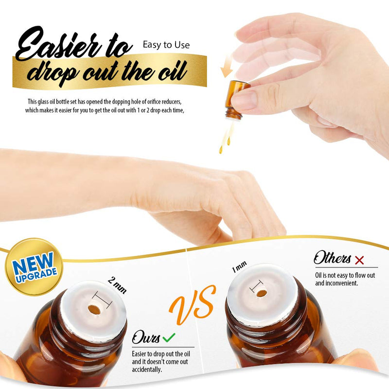 Teenitor 100 Packs 2 ML (5/8 Dram) Essential Oil Bottles, Small Sample Amber Glass Jars With Orifice Reducers And Black Caps For Oil Blends, Perfumes, Lab Chemicals