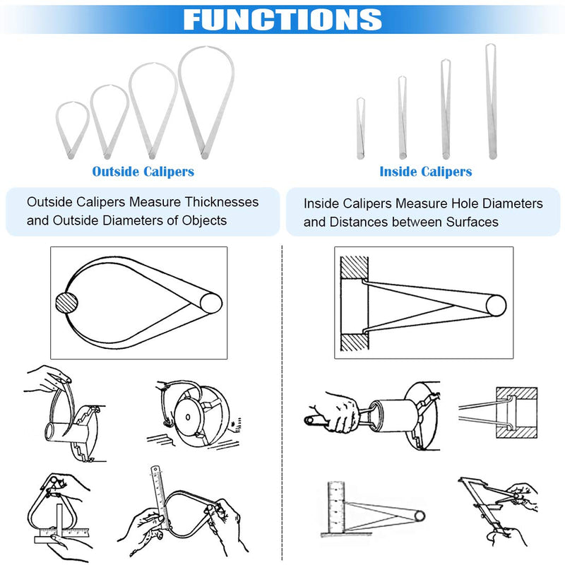 Glarks 8Pcs Stainless Steel Inside Outside Caliper Set, 4'' 8'' 10'' 12'' Straight/Bent Leg Ceramic Pottery Measuring Tools for Carving, Shaping, Clay Sculpture, Modeling