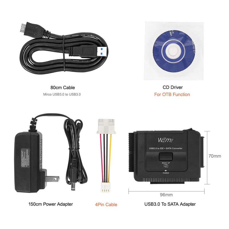 WEme USB 3.0 to SATA IDE Adapter with Universal 2.5" 3.5" Hard Drive Disk Converter for HDD SSD and IDE HDD, Support 12TB and One-Touch Backup, Include 12V 2A Power Adapter and USB 3.0 Cable for Laptop USB3.0 to SATA+IDE adapter