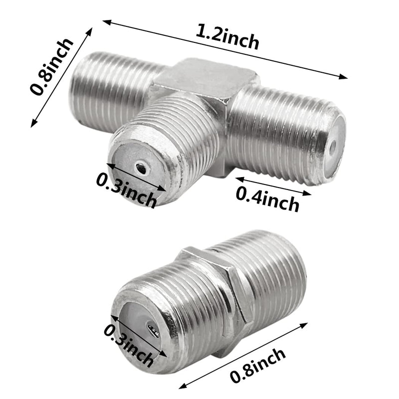 10 Pack RG6 Coax Coaxial Cable Extender and F Type RG6 Female to 2 Female 3 Way Coax Cable T Splitter Adapter, Coaxial Cable Connector T Shape and Female to Female for TV Video VCR Antenna Satellite Silver