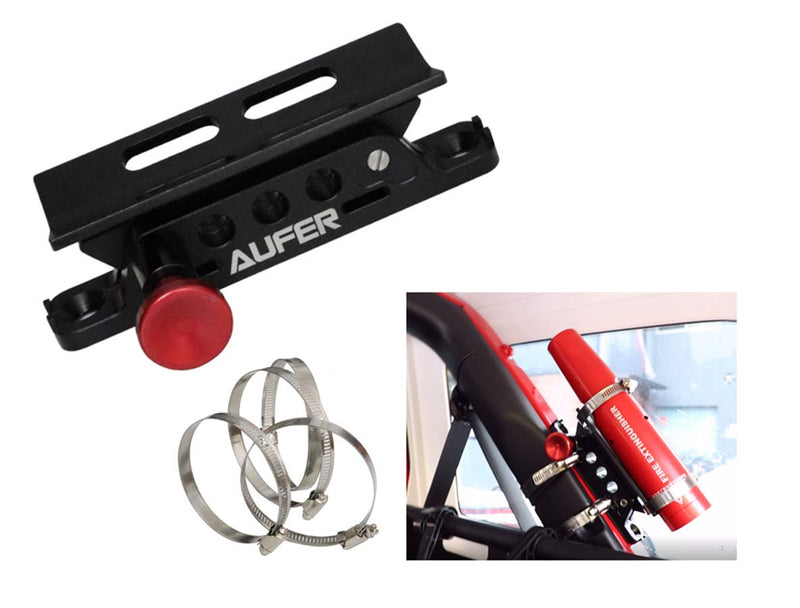 (1-Year Warranty) Universal Adjustable Roll Bar Fire Extinguisher Mount Holder Compatible with for Jeep Wrangler Gladiator UTV Polaris RZR Can Am and Large Motorcycle,Aluminum