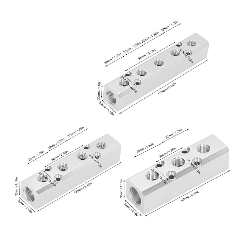 Eujgoov Pneumatic distributor block air distributor block aluminum block compressed air distributor pneumatic block G1/2 inlet G1/4 outlet 30x30mm(SY30-02-3F) SY30-02-3F