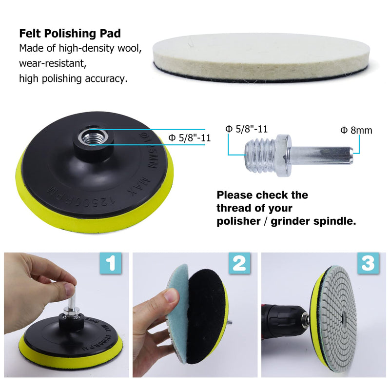 Diamond Polishing Pads 5 Inch with 5/8’’-11 Hook & Loop Backing Pads, 10pcs Wet/Dry Concrete Polish Tools Kit for Drill, Grinder, Polisher, 50-3000 Grit Polishing Set for Marble Granite Quartz Stone