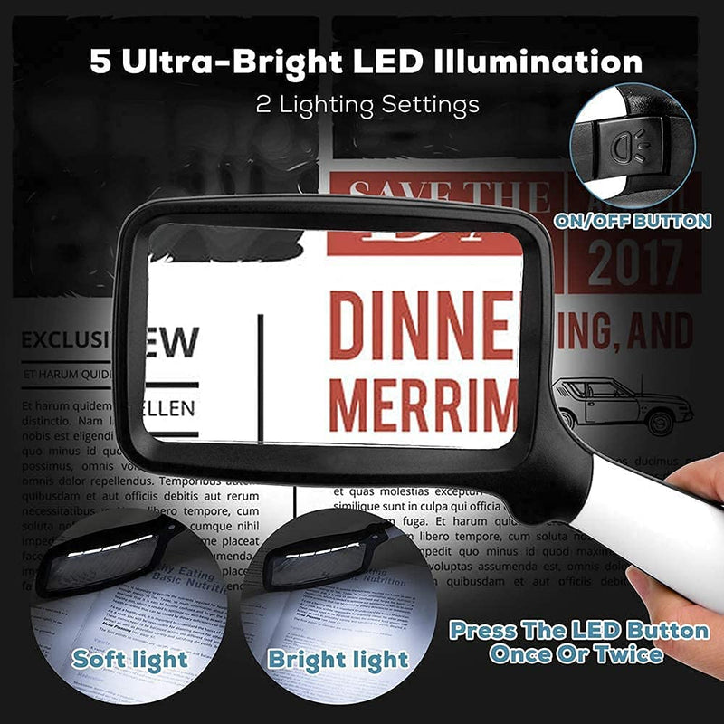 VOCA Magnifying Glass with Light, 3X Foldable Large Rectangle Reading Magnifier with Dimmable LED Light for Seniors, Newspaper, Books, Small Print, Lighted Gift for Low Visions