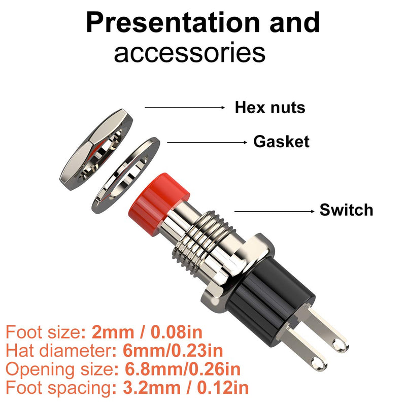 DIYhz Momentary Push Button Switch, 1A 250VAC SPST Mini Pushbutton Switches Normally Open(NO) Red Cap - 20pcs NO-20
