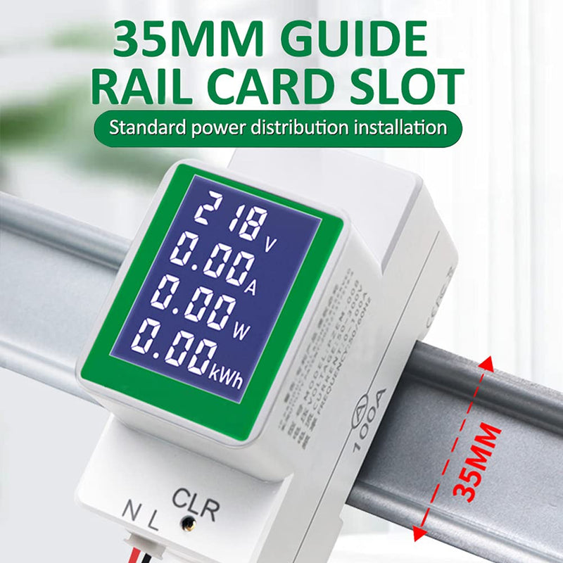 AC 50-300V 100A Multi Function Voltage Amperage Power Meter, Din Rail LCD Digital Backlight Energy Monitor, Built-in Current Transformer Ammeter Voltmeter, Single Phase Tester AC 100A Din Rail Meter