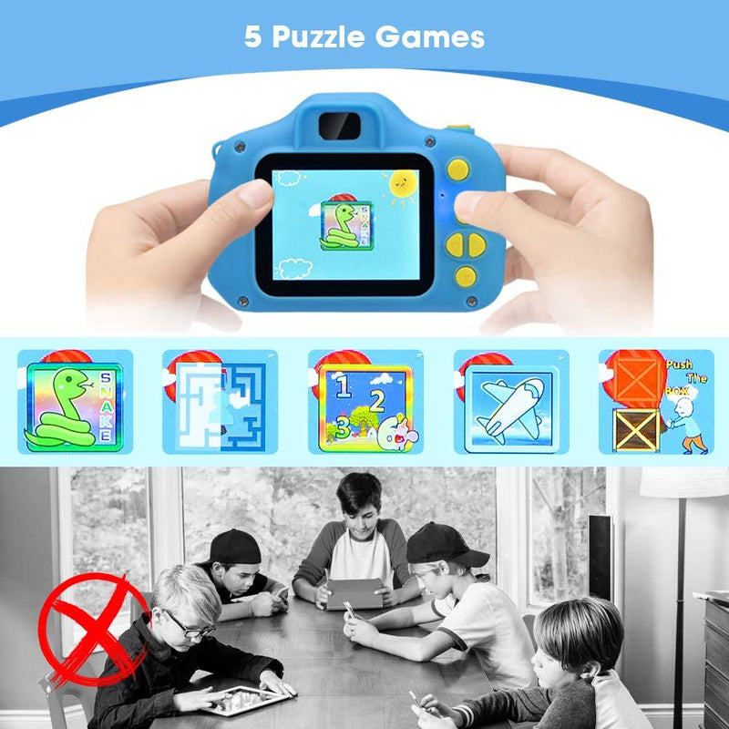 Desuccus Kids Camera Video Digital Camera for Kids Birthday Gifts for Boys and Girls Kids Toys 3-8 Year Old Toddler Video Record Camera 5 Puzzle Games 32GB SD Card (Blue) Blue