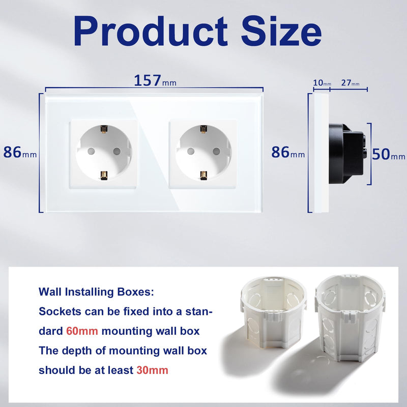 BSEED Schuko socket 2 compartment EU standard double socket wall socket crystal glass plate 16 Amp 250 V extension sockets 157 mm white