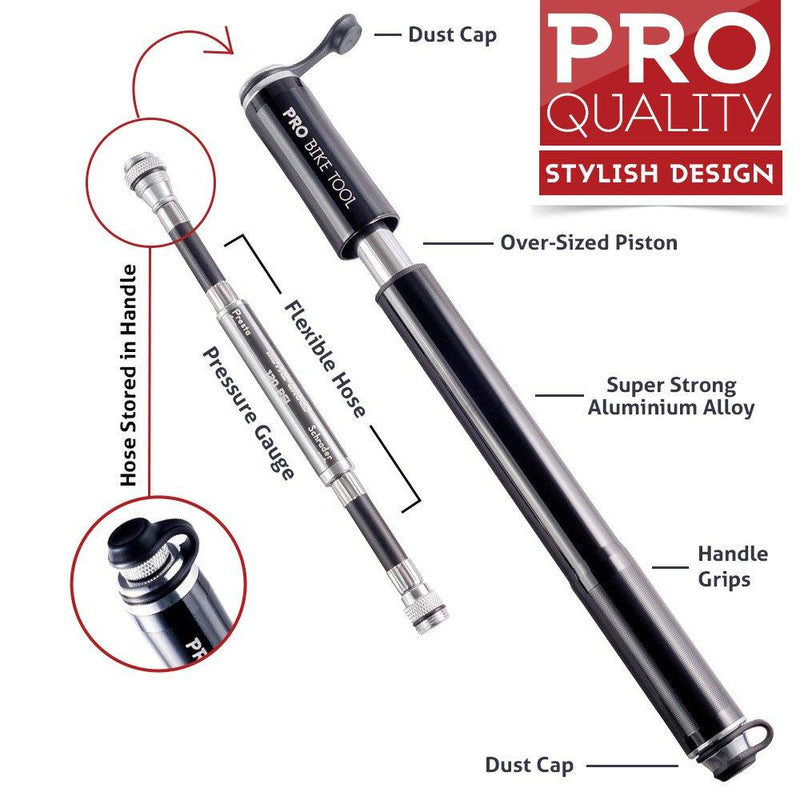 PRO BIKE TOOL Bike Pump with Gauge Fits Presta and Schrader - Accurate Inflation - Mini Bicycle Tire Pump for Road, Mountain and BMX Bikes, High Pressure 100 PSI, Includes Mount Kit Black
