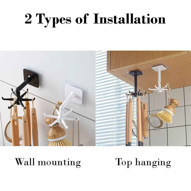 365Home Hanging Utensil Holder Hooks Kitchen Utensil Hanger Wall Mount 360 Degrees Rotating Folding Hook Self Adhesive Hook Utensil Rack with 6 Hooks for Home Kitchen Bathroom Cabinet (Black) Black