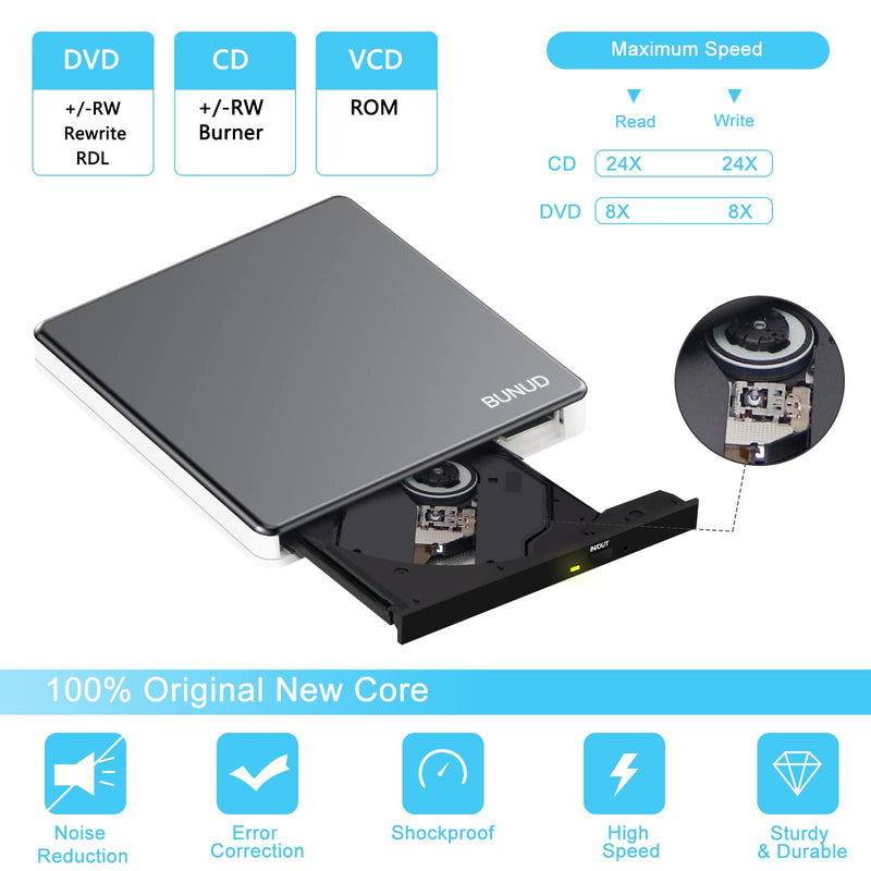 External CD DVD Drive USB 3.0 Type C CD/DVD ROM Burner CD DVD +/-RW Optical Disk Drive Reader with 2 USB and TF/SD Slots Slim Portable Writer Player for Laptop Mac MacBook Windows 11 10 PC Linux OS