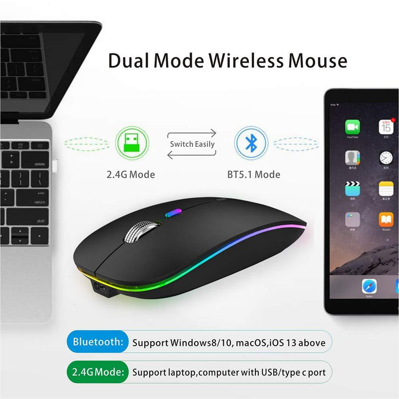 TENMOS Wireless Bluetooth Mouse, LED Slim Dual Mode (Bluetooth 5.1 + USB) 2.4GHz Rechargeable Silent Bluetooth Wireless Mouse with Type C Adapter for Laptop/MacBook/iPad OS 13 and Above (Matte Black) Matte Black