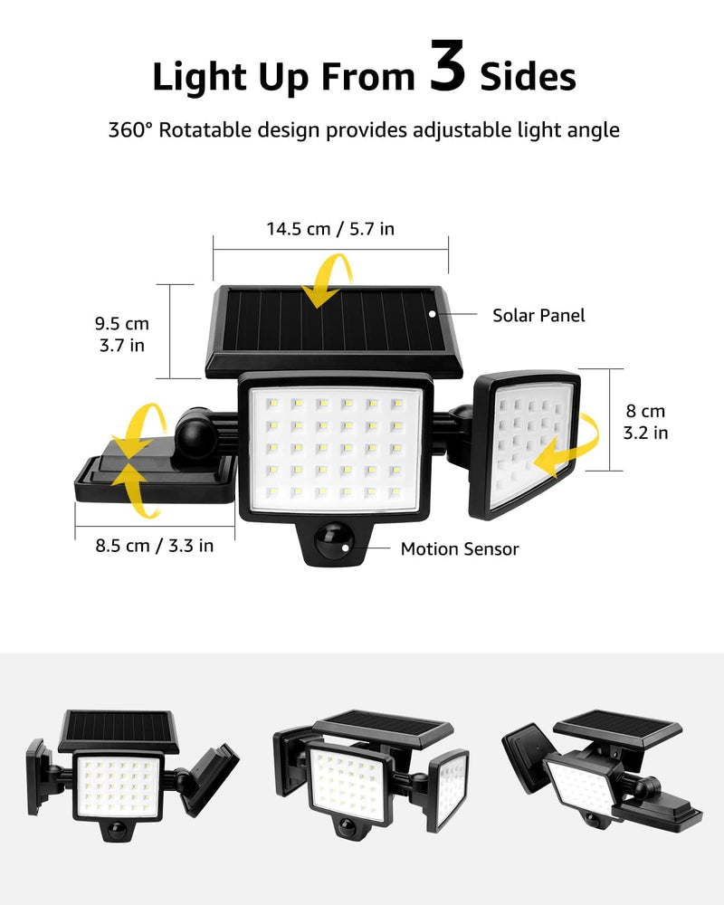 LE Solar Motion Lights Outdoor, Security Flood Lights, 1000LM High Brightness, 3 Adjustable Heads 270° Wide Lighting Angle, IP65 Waterproof, Wireless Wall Lamp for Porch Yard Garage Pathway 1