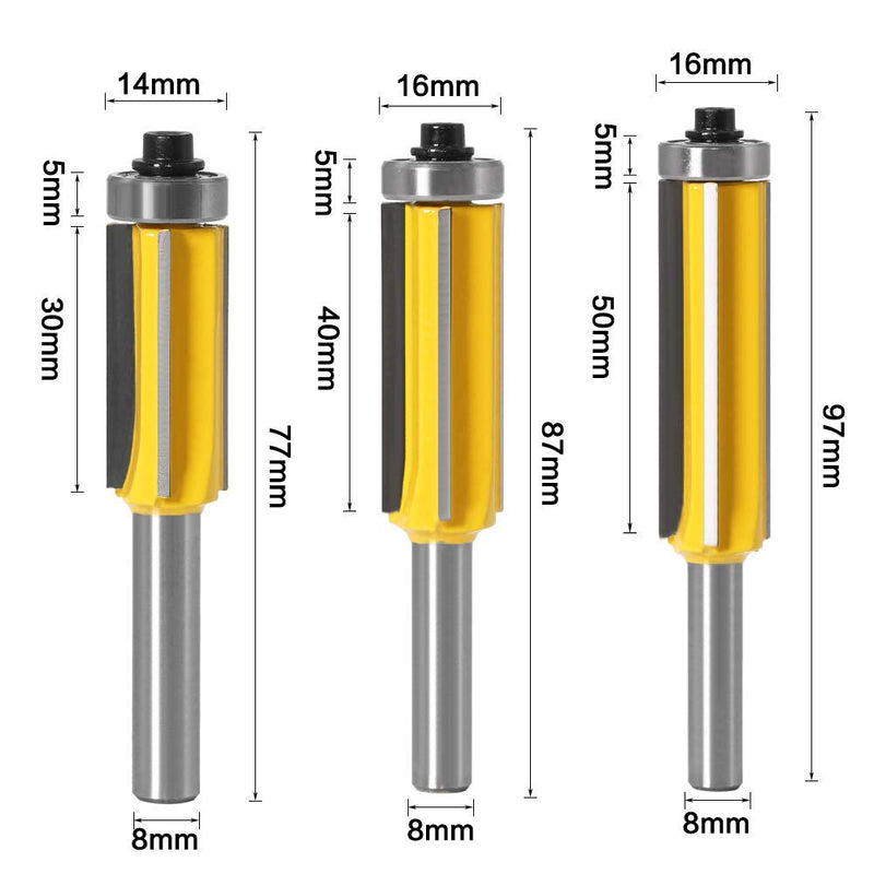 WSOOX 3 Pcs 8mm Shank Flush Cutter Set for Wood - 4 Flutes Top Bearing Flush Trim Bit