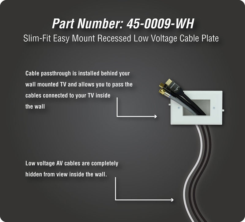 DataComm Electronics 45-0009-WH Easy Mount Recessed Low Voltage Slim Fit Cable Plate - White, 4.88" H x 3.22" W x 1.41" D White - Cable Plate