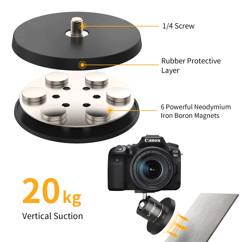 UTEBIT Magnetic Camera Mount 1/4 Screw Vertical Suction 44lb with Action Camera Adapter & Phone Holder 360° Swivel Mini Tripod Ball Head Max Load 3kg Compatible with GoPro Webcam Phone Vlogging