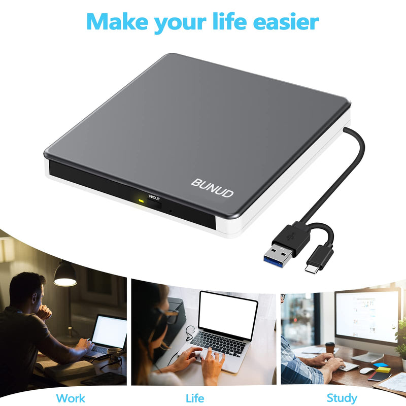 External CD DVD Drive USB 3.0 Type C CD/DVD ROM Burner CD DVD +/-RW Optical Disk Drive Reader with 2 USB and TF/SD Slots Slim Portable Writer Player for Laptop Mac MacBook Windows 11 10 PC Linux OS