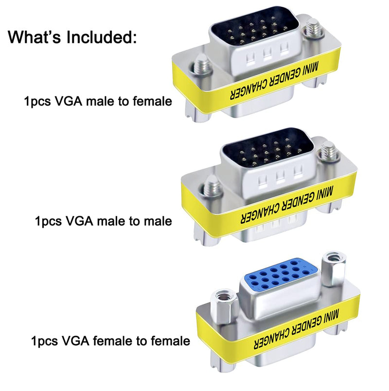 DTECH 3-Pack VGA Connector Female to Female Gender Changer Male to Female Adapter, Male to Male Coupler