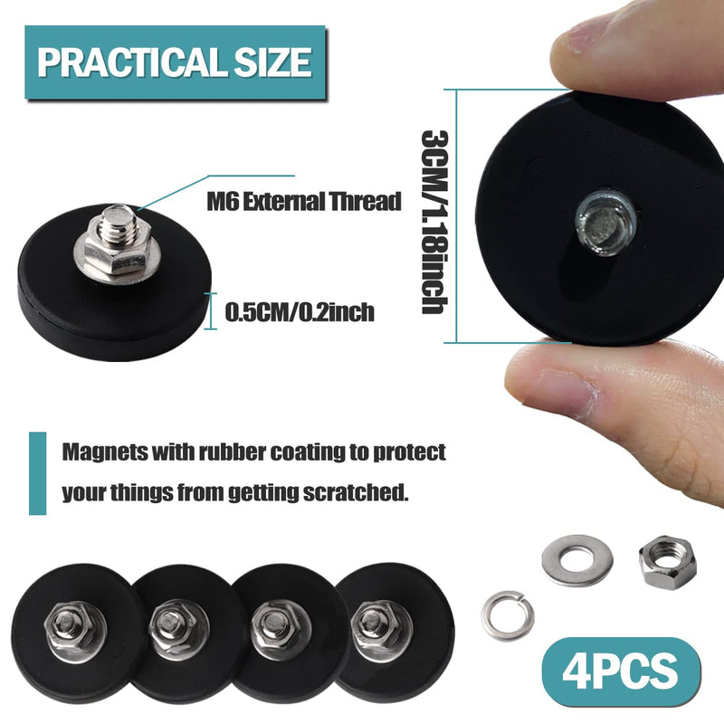 4Pcs Rubber Coated Magnet with Bolt, Heavy Duty Magnet M6 Male Thread, Strong Mounting Magnets for Mount Lights, Cameras, Van and Other Equipement