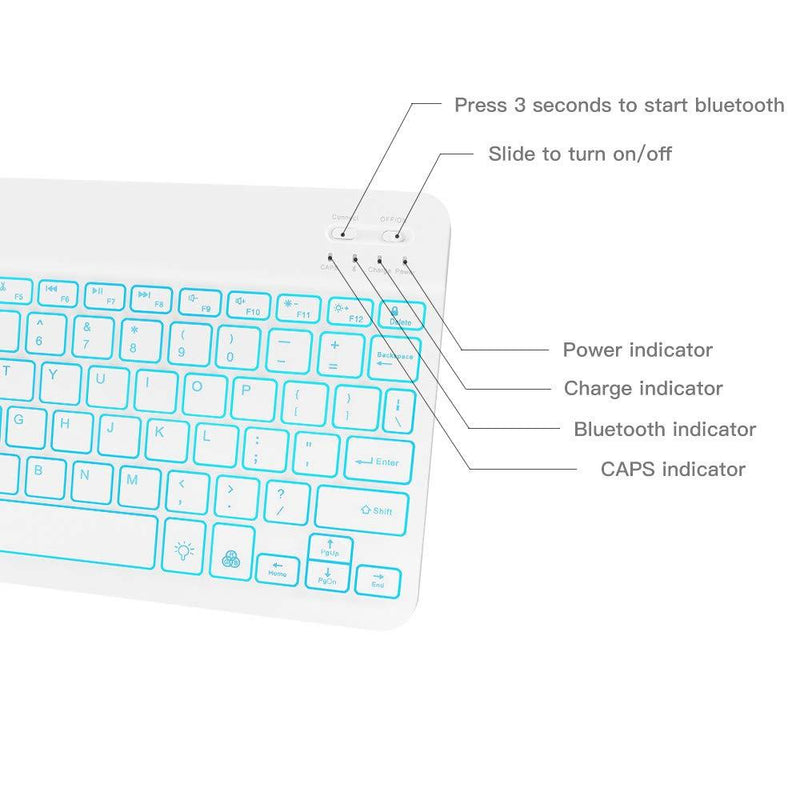 XIWMIX Ultra-Slim Wireless Bluetooth Keyboard - 7 Colors Backlit Universal Rechargeable Keyboard Compatible with iPad Pro/iPad Air/iPad 9.7/iPad 10.2/iPad Mini and Other iOS Android Windows Devices 1-white backlit