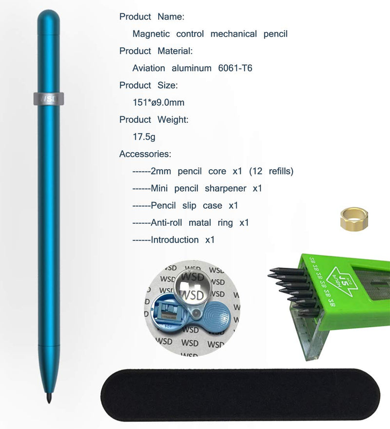 WSD Mechanical Pencil,Magnetic Control Pencil,CNC Machined,Used in Different Colors Pencil Refills, Refills Diameter2.0mm Blue