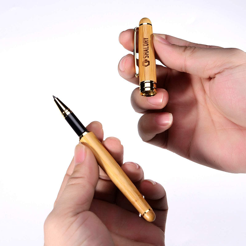 SHALORY Bamboo Wooden Pen Set - 1 Ballpoint Pen Medium Point & 1 Rollerball Pen Fine Point - Smooth Writing Flow Gift Pen with Extra 2 Refills, Black Ink Bamboo Wood Writing Pen Set 0.7/1.0mm