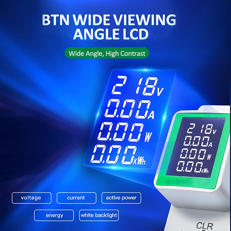 AC 50-300V 100A Multi Function Voltage Amperage Power Meter, Din Rail LCD Digital Backlight Energy Monitor, Built-in Current Transformer Ammeter Voltmeter, Single Phase Tester AC 100A Din Rail Meter