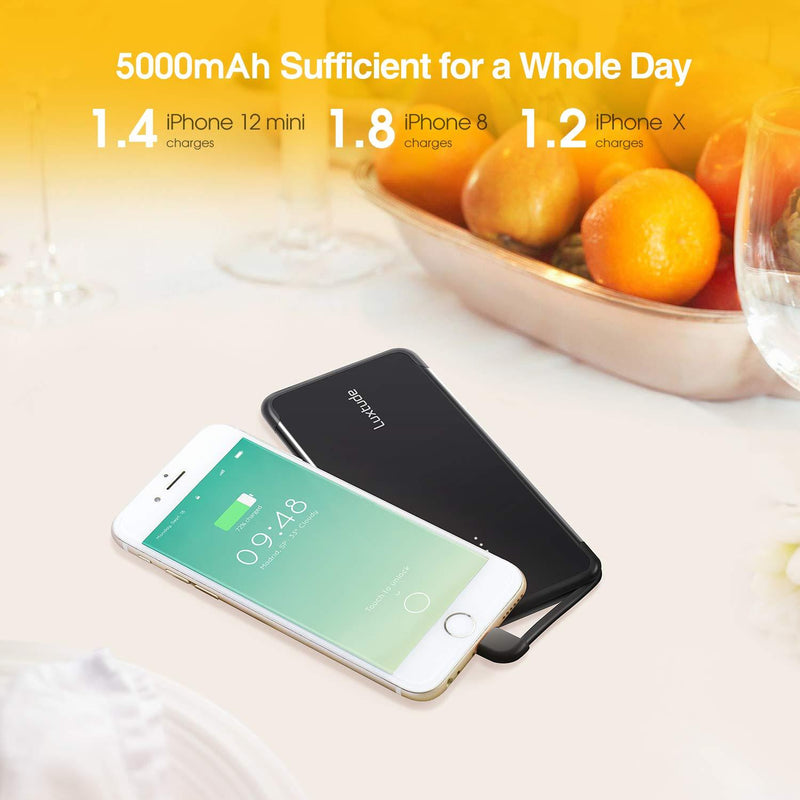 Luxtude 5000mAh Portable Charger for iPhone, Ultra Slim Mfi Apple Certified External Battery Pack Built in Lightning Cable, Fast Charging Power Bank for iPhone 12/11 Pro/X/XR/XS Max/8/7/6S/6 Plus/6. 1. 5000mAh-Black