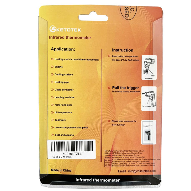KETOTEK Infrared Thermometer Laser Digital IR Pyrometer Non-Contact Temperature Gun -50°C to 400°C Temperature Meter for Cooking Barbecue Freezer Industry Food Orange