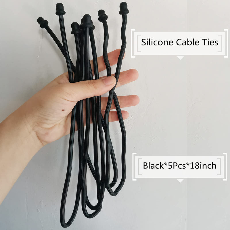 5Pcs 18-Inch Original Silicone Cable Tie, Steel-Core Silicone Twist Ties, Reusable Rubber Twist Tie, Cable Tie Straps. (Black 18-Inch) for Organizing. (Dia 5mm). 18in- 5Pcs