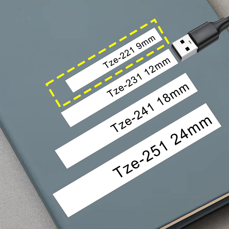 Tze-221 P Touch Label Tape 9mm Replacement for Brother Label Maker Tape Tze-221, Tz Tape 9mm 0.35 Laminated White Compatible with Brother Ptouch PT-D210 PT-D200 PT-H110 PT-D600 Label Maker, 3 Packs Black on White-3p-9mm