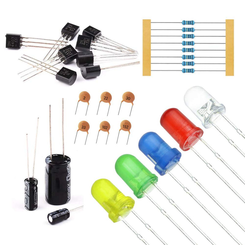 MOGAOPI electronic component kit & a total of 1390 pieces, LED diodes, metal film resistors, electrolytic capacitor package, diodes, ceramic capacitors, transistor assortment box