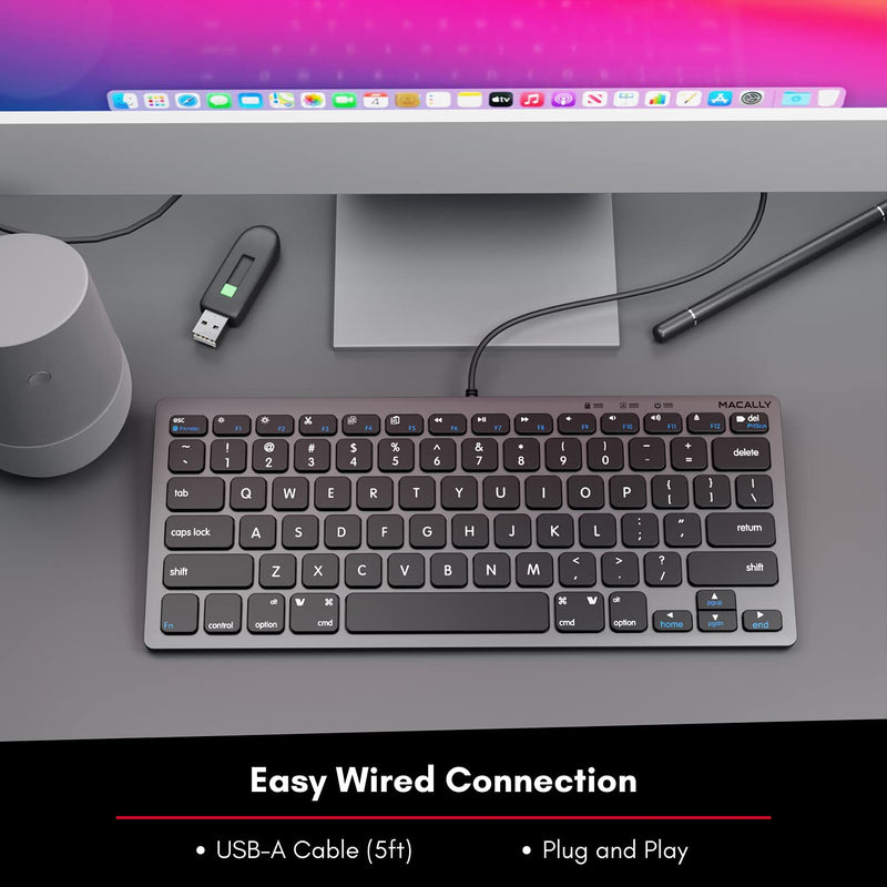 Macally Small USB Wired Keyboard for Mac and Windows - 78 Scissor Keys, 13 Shortcut Compatible Apple Keyboard - Mini Compact USB Computer Keyboard That Saves Space and Looks Great - Space Grey Space Gray
