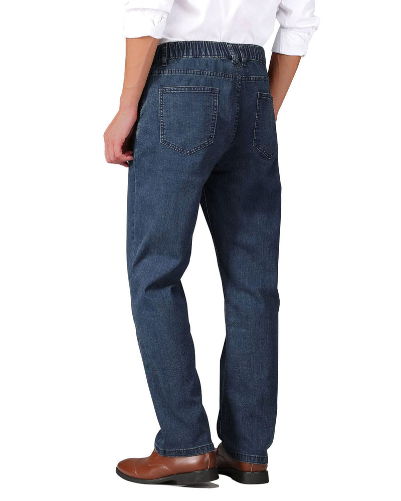 Soojun Mens Elastic Waist Jeans Relaxed Fit with Zipper and Button Dark Blue 34W x 30L
