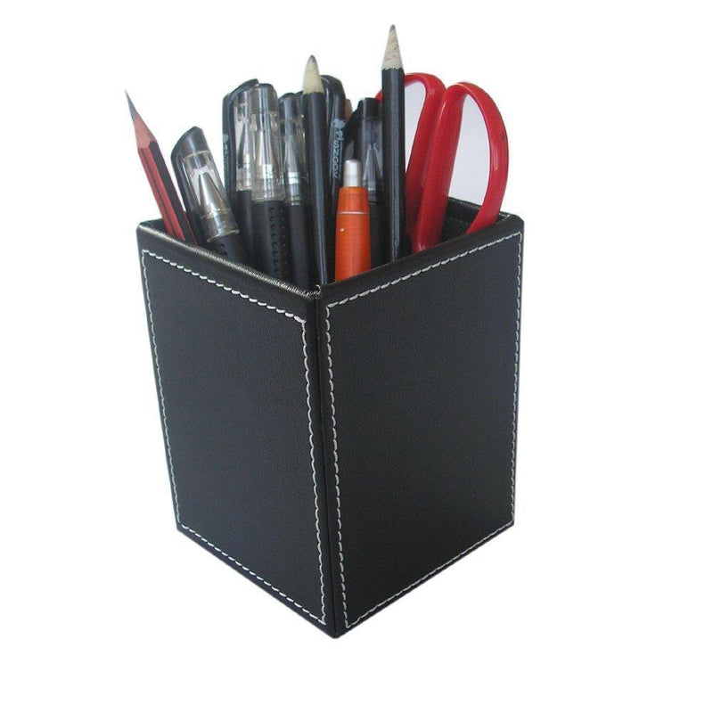 KINGFOM PU Leather Square Pens Pencils Holder Cup Desktop Stationery Organizer Case Office Accessories Container Box (black) Black-S