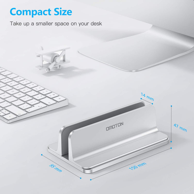 Vertical Laptop Stand Holder, OMOTON Desktop Aluminum MacBook Stand with Adjustable Dock Size, Fits All MacBook, Surface, Chromebook and Gaming Laptops (Up to 17.3 inches), Silver