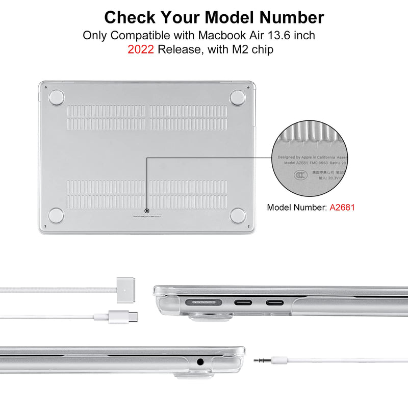 EooCoo Compatible with New MacBook Air 13.6 inch Case 2022 A2681 M2 Chip with Retina Display，Plastic Hard Shell Case + TPU Keyboard Skin Cover + Screen Protector - Crystal Clear